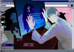  1boy black_hair blue_screen_of_death commentary_request demon_horns different_reflection elbow_rest error_message hand_on_screen highres horns instrument internet_explorer keyboard_(instrument) kim_dokja leaning_forward looking_at_viewer male_focus microsoft_windows monitor official_art omniscient_reader's_viewpoint phone reflection short_hair tix_0314 upper_body window_(computing) yellow_eyes 