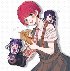  4girls :> :3 asymmetrical_legwear black_hair blonde_hair blue_hair blue_sailor_collar blue_skirt blue_streaks blush bow camera chibi chibi_inset chibi_on_shoulder closed_mouth collared_shirt commentary_request danganronpa_(series) danganronpa_2:_goodbye_despair dress ear_piercing eyelashes face_piercing freckles green_bow green_dress green_eyes hair_bow hair_horns heart highres holding_chibi ki_27ro long_hair mioda_ibuki mismatched_legwear mouth_piercing multicolored_hair multiple_girls necktie open_mouth piercing pinafore_dress pink_eyes pink_hair pink_serafuku pink_streaks plaid_clothes plaid_necktie pointing purple_hair red_hair sailor_collar saionji_hiyoko school_uniform serafuku shadow shirt shirt_under_dress shoes short_hair short_sleeves sitting skirt sleeveless sleeveless_dress smile streaked_hair teeth tsumiki_mikan upper_teeth_only very_short_hair violet_eyes white_hair white_shirt white_shoes yellow_eyes 