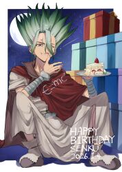  14tydr 1boy birthday box cake cake_slice cape dated dr._stone eating food food_on_face fruit full_moon gift gift_box green_hair happy_birthday highres holding holding_plate ishigami_senkuu licking looking_at_viewer male_focus moon night plate red_cape red_eyes sitting sky solo spiky_hair strawberry tongue tongue_out 