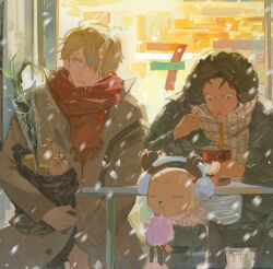  3boys black_hair blonde_hair brown_coat coat cotton_candy curly_eyebrows earmuffs food hair_over_one_eye hhyy090 highres holding holding_cotton_candy holding_food long_nose multiple_boys one_piece red_scarf sanji_(one_piece) scarf short_hair snowing tony_tony_chopper twitter_username usopp 
