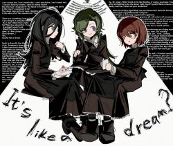  3girls apron asya_shubina black_apron black_hair boots brown_dress brown_eyes brown_hair cake cake_slice closed_mouth dress english_text food full_body green_eyes green_hair hair_between_eyes hashtag-only_commentary highres holding holding_notebook ira_grachevskaya kan_084 light_blush long_hair long_sleeves looking_at_another marina_kaplan multiple_girls notebook pants pants_under_dress pantyhose parted_lips school_uniform short_hair sitting smile soviet_school_uniform strawberry_cake violet_eyes yellow_pupils z.a.t.o._//_i_love_the_world_and_everything_in_it 