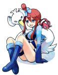  1girl blue_eyes boots fuuro_(pokemon) gloves gym_leader hair_ornament hirako midriff pokemon pokemon_(creature) pokemon_(game) pokemon_black_and_white pokemon_bw red_hair redhead sitting smile swanna swoobat unfezant white_background 