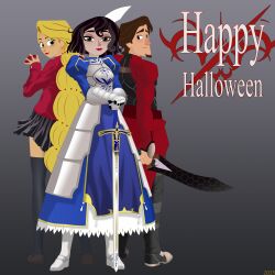  absurdres archer_(fate) archer_(fate)_(cosplay) armor armored_boots armored_dress artoria_pendragon_(fate) black_skirt black_thighhighs blonde_hair blue_dress blush boots braid breastplate brown_hair cassandra_(tangled) cosplay dress excalibur_(fate/stay_night) fate/stay_night fate_(series) flynn_rider from_behind gem gradient_background happy_halloween highres holding holding_gem holding_sword holding_weapon jewelry juliet_sleeves lipstick long_braid long_dress long_hair long_sleeves looking_at_viewer looking_back makeup mehefin013 miniskirt nose_blush puffy_sleeves rapunzel_(disney) red_lips red_sweater saber_(fate) saber_(fate)_(cosplay) short_hair short_sword single_braid skirt sweater sword thigh-highs tohsaka_rin tohsaka_rin_(cosplay) variant_set weapon 