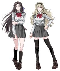  2girls 9urodine arm_at_side arm_under_breasts black_hairband black_socks black_thighhighs blonde_hair bow bowtie brown_hair brown_shoes buttons closed_mouth collared_shirt floating_hair full_body grey_skirt hair_bow hair_ornament hairband hand_on_own_arm hand_on_own_hip heel_up highres kneehighs loafers long_hair looking_at_viewer miniskirt multiple_girls parted_bangs parted_lips pleated_skirt purple_bow red_bow red_bowtie red_eyes saijou_claudine school_uniform seishou_music_academy_uniform shirt shirt_tucked_in shoes shoujo_kageki_revue_starlight sidelocks simple_background skirt smile socks standing tendou_maya thigh-highs v-shaped_eyebrows very_long_hair violet_eyes wavy_hair white_background white_shirt x_hair_ornament zettai_ryouiki 