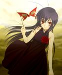  accel_world antenna_hair black_hair blush buchiko dress flower kuroyukihime long_hair mask red_eyes smile solo 