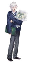  1boy black_pants blue_sweater_vest book bouquet closed_eyes crossed_bangs flower full_body hair_ornament hairpin highres holding holding_book holding_bouquet long_sleeves low_ponytail male_focus maruko_inari murakumo_kagetsu murakumo_kagetsu_(3rd_costume) necktie nijisanji open_mouth pants ponytail shirt short_ponytail simple_background smile solo standing sweater_vest virtual_youtuber white_background white_flower white_hair 