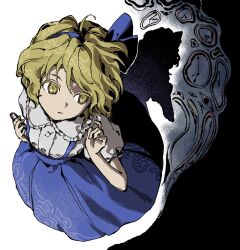  alice_margatroid alice_margatroid_(pc-98) blonde_hair blue_hairband blue_skirt book bow colored_eyelashes commentary english_commentary grimoire grimoire_of_alice hair_bow hair_ribbon hairband highres holding holding_book kaigen_1025 looking_back ribbon shirt short_hair short_sleeves skirt solo suspender_skirt suspenders touhou touhou_(pc-98) white_shirt yellow_eyes 