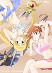  arm_up armpits bardiche bikini blonde_hair blue_eyes bow brown_hair character_name fate_testarossa front-tie_top hair_bow highres long_hair lyrical_nanoha mahou_shoujo_lyrical_nanoha mahou_shoujo_lyrical_nanoha_the_movie_1st mame-tomato navel raising_heart red_eyes sarong scythe short_twintails staff swimsuit takamachi_nanoha twintails 