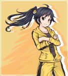  1girl ahoge araragi_karen bakemonogatari bakemonotagari black_hair blue_eyes crossed_arms derrasanc fried_egg hair_ornament hooded_track_jacket hoodie jacket long_hair monogatari_(series) nisemonogatari ponytail track_suit wind 