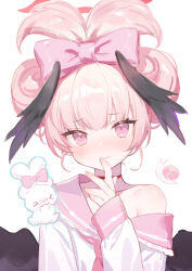  1girl adelie_cat alternate_costume blue_archive blush breasts halo highres koharu_(blue_archive) looking_at_viewer pink_eyes pink_hair simple_background small_breasts snail upper_body white_background wings 
