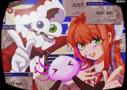  black_bow black_bowtie blue_eyes blush bow bowtie caine_(the_amazing_digital_circus) doki_doki_literature_club gloves green_eyes hand_up heterochromia just_monika_(meme) kinito_the_axolotl kinitopet looking_at_viewer meme monika_(doki_doki_literature_club) nwe07271 open_mouth parted_lips ponytail red_hair red_suit suit teeth the_amazing_digital_circus upper_body white_gloves 