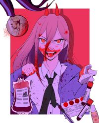  13milesapart 1girl black_necktie blood blood_bag blood_in_hair blood_on_clothes blood_on_face blood_on_hands blood_on_object blue_jacket chainsaw_man collared_shirt cross-shaped_pupils demon_girl demon_horns english_commentary hair_between_eyes highres horns jacket long_hair looking_at_viewer medal necktie open_mouth power_(chainsaw_man) red_horns shirt simple_background smile solo symbol-shaped_pupils syringe teeth test_tube white_shirt yellow_eyes 