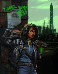  1girl assault_rifle belt black_hair black_jacket bodysuit brick_wall cityscape curly_hair denim fallout fallout_3 grey_eyes gun highres jacket jeans kalashnikov_rifle leaning leather leather_jacket lone_wanderer pants pip_boy rifle ruins sara_cooley scar scar_on_cheek scar_on_face solo vault_suit wanted_poster washington_monument weapon 