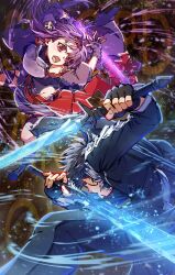  1boy 1girl armor bare_shoulders black_hair black_jacket black_pants breastplate commentary_request dual_wielding fingerless_gloves gloves headband highres holding holding_sword holding_weapon jacket kirito leotard long_hair long_sleeves oboro_neko open_mouth pants pointy_ears purple_gloves purple_hair purple_leotard red_eyes red_headband short_hair sword sword_art_online weapon yuuki_(sao) 