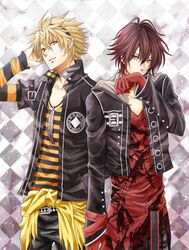  amnesia_(idea_factory) argyle argyle_background blonde_hair brown_hair feathers gloves hairband highres jacket jewelry kiwa_lotus male multiple_boys necklace pants red_eyes shin_(amnesia) shirt_around_waist spiked_hair spiky_hair toma_(amnesia) yellow_eyes 