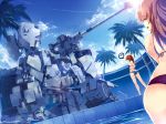  2girls anger_vein bikini blue_bikini brown_eyes brown_hair cannon character_request closed_eyes clouds condensation_trail hand_on_hip highres lens_flare long_hair mecha multiple_girls open_mouth original palm_tree pool sky smile sunlight swimsuit tree water windforcelan 
