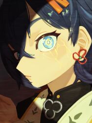  1girl belle_(delicate_sunlight)_(zenless_zone_zero) belle_(zenless_zone_zero) blue_eyes blue_hair chinese_clothes closed_mouth commentary crossed_bangs earrings english_commentary hair_between_eyes hair_ornament highres jewelry letter_hair_ornament looking_at_viewer official_alternate_costume portrait scar scar_on_face short_hair solo symbol-shaped_pupils yatta_puvuk zenless_zone_zero 