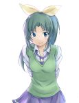  arms_behind_back blush green_eyes green_hair hair_ribbon highres long_hair looking_at_viewer midorikawa_nao necktie nishina precure ribbon school_uniform simple_background skirt sleeves_rolled_up smile smile_precure! solo white_background 