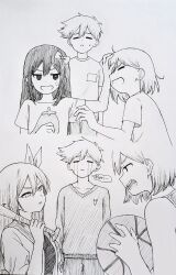  1girl 2boys absurdres aged_down anger_vein antenna_hair aubrey_(faraway)_(omori) aubrey_(omori) baseball_bat breast_pocket brothers closed_eyes commentary_request english_text greyscale hair_behind_ear hair_ribbon hand_on_another's_head hero_(faraway)_(omori) hero_(omori) highres holding holding_baseball_bat jacket kel_(faraway)_(omori) kel_(omori) long_hair long_sleeves looking_at_another mimn_(kdjgxrt1xt69701) monochrome mr._plantegg_(omori) multiple_boys nail_(hardware) nail_bat omori open_clothes open_jacket open_mouth pants parted_lips pocket ribbon shirt short_hair short_sleeves siblings speech_bubble sweatdrop sweater t-shirt teeth traditional_media upper_teeth_only 