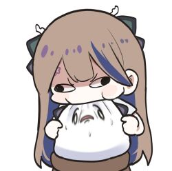  1girl airi_kanna antlers biting biting_head brown_hair chibi chibi_only colored_inner_hair commentary_request creature dragon_girl dragon_horns forehead_tattoo horns korean_commentary long_hair motion_blur multicolored_hair scales_(airi_kanna) seongda shirt short_sleeves small_horns stellive streaked_hair sweat tattoo v-shaped_eyebrows wall-eyed white_background white_shirt 