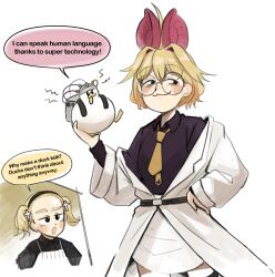  2girls :3 animal_ears bat_ears bat_girl bird blonde_hair borrowed_character commentary diva_(hyxpk) duck english_commentary english_text forehead freckles hair_intakes harsha_(eisu) highres lab_coat medium_hair multiple_girls original round_eyewear simple_background tinker_belle_(eisu) twintails white_background 