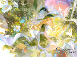  1girl absurdres ankle_socks artist_name back_bow black_hat black_skirt black_vest blonde_hair bow braid brown_eyes brown_shoes bug closed_mouth commentary_request commission daisy_(flower) dot_nose expressionless eyelashes flower forest frilled_bow frilled_headwear frilled_skirt frills full_body hair_between_eyes hair_bow hat hat_bow highres kirisame_marisa kneeling ladybug light_frown ling_mou long_hair looking_at_viewer looking_back miniskirt mushroom nature orange_sky outdoors pleated_skirt procreate_(medium) puffy_short_sleeves puffy_sleeves rabbit sample_watermark shirt shoes short_sleeves single_braid skirt sky socks solo sunset touhou tree_stump very_long_hair vest watermark wavy_hair white_bow white_flower white_shirt white_socks witch_hat 