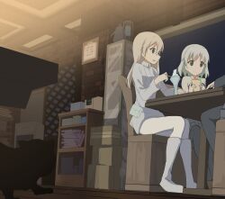  3girls aleksandra_i._pokryshkin black_pantyhose black_skirt book boots box brave_witches cat chair dessert eila_ilmatar_juutilainen food grey_hair grey_jacket holding indoors jacket long_hair military military_uniform multiple_girls on_chair open_mouth pantyhose sanya_v._litvyak short_hair skirt soha_(sirohase) strike_witches table white_boots white_hair white_pantyhose window world_witches_series 