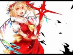  1girl ascot blonde_hair cross dress fangs flandre_scarlet frea hat hat_ribbon letterboxed looking_at_viewer open_mouth puffy_sleeves red_dress red_eyes red_nails ribbon sash shirt short_sleeves side_ponytail solo touhou wings wrist_cuffs 