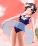  1girl ;p animal_ears beach black_hair blush breasts cat_ears innertube kugimiya_madoka mahou_sensei_negima! red_sky school_swimsuit short_hair solo suisei_yui swimsuit tongue wink 