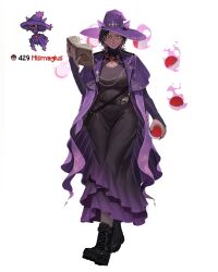  1girl absurdres bag black_dress black_hair black_shoes book breasts bridal_gauntlets coat colored_sclera commentary dress floating floating_object glasses hat hat_with_ears highres holding holding_book holding_poke_ball large_breasts mature_female mismagius open_book personification poke_ball poke_ball_(basic) pokemon purple_coat red_eyes reference_inset shoes shoulder_bag smile solo telekinesis umber witch_hat yellow_sclera 