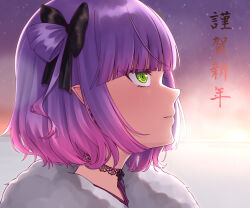  1girl absurdres black_bow black_choker bow choker commentary_request demon_girl from_side gradient_hair green_eyes happy_new_year highres hololive light_blush multicolored_hair pointy_ears portrait purple_hair tokoyami_towa virtual_youtuber zellam 