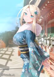  1girl alternate_costume aqua_eyes aqua_kimono architecture asymmetrical_hair bikini blonde_hair breasts day east_asian_architecture floral_print floral_print_bikini flower from_side fur-trimmed_kimono fur_trim hair_bun hair_flower hair_ornament highres izumi_kuma japanese_clothes kantai_collection kimono large_breasts long_hair looking_at_viewer obi outdoors print_bikini sash smile solo swimsuit temple wasp_(kancolle) wide_sleeves 