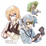  3girls alice_margatroid alternate_costume alternate_hairstyle bespectacled black_gloves blonde_hair blue_eyes blue_hair crossed_arms glasses gloves goggles hair_bobbles hair_ornament hat hat_removed headwear_removed kagekichirou kawashiro_nitori looking_at_viewer multiple_girls rough shanghai_doll simple_background smile touhou translation_request twintails white_background 