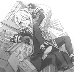  1girl arm_up box cardboard_box commentary_request epaulettes fallen_down gloves greyscale hair_ornament hasumi_leia jacket knees_up long_sleeves looking_at_viewer lying mahou_shoujo_no_majo_saiban monochrome on_back one_eye_closed pants sash shoes short_hair shoulder_sash solo suno_(imydream) sweatdrop sword weapon 