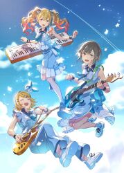  3girls :d armpit_peek backlighting bass_guitar blonde_hair blue_necktie blue_shoes bracelet closed_eyes clouds cloudy_sky collared_dress commentary_request dot_nose dress earrings electric_guitar falling fender_jazz_bass frilled_dress frills full_body gibson_les_paul gradient_hair green_eyes grey_hair guitar hair_ornament hair_ribbon hair_scrunchie hairclip hands_up highres hinomori_shiho holding holding_plectrum instrument jewelry kagamine_rin keyboard_(instrument) looking_at_viewer mele_ck multicolored_hair multiple_bracelets multiple_girls music necktie official_art pants parallel_hairclips parted_bangs pink_eyes pink_hair playing_bass_guitar playing_instrument plectrum project_sekai ribbon scrunchie sekai_symphony shoes short_hair short_necktie shorts_under_dress sidelocks sky sleeveless sleeveless_dress smile socks star_(symbol) stick_to_your_faith_(project_sekai) tenma_saki triangle_earrings twintails white_dress white_pants white_shoes white_socks yellow_nails 