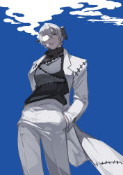  1boy absurdres blue_background cigarette collared_jacket diao_bu_landuo franken_stein_(soul_eater) glasses grey_eyes hair_between_eyes hands_in_pockets highres jacket looking_at_viewer object_through_head open_clothes open_jacket pale_skin pants screw_in_head smoke smoking solo soul_eater stitches turtleneck white_hair white_jacket white_pants 