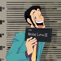  1boy arsene_lupin_iii barbie_mugshot_(meme) black_eyes black_hair black_shirt blue_jacket character_name commentary english_commentary facial_hair hand_hair height_chart height_mark highres holding holding_sign jacket kalzoni long_sideburns long_sleeves looking_at_viewer lupin_iii male_focus meme mugshot nameplate necktie one_eye_closed open_clothes open_jacket open_mouth shirt short_hair sideburns sign smile solo teeth yellow_necktie 
