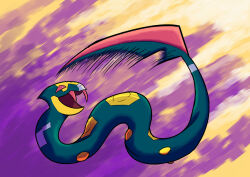  animal_focus commentary english_commentary fangs full_body highres motion_blur no_humans nostrils open_mouth poison_tail_(pokemon) pokemon pokemon_(creature) pokemon_focus pokemon_move seviper smile snake solo somario 