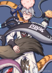  1boy 6+girls absurdres alice_thymefield bow cat_tail closed_eyes daidailong demon_tail ellen_joe fins fish_tail fluffy_tail fox_tail goat_tail grey_hair highres jane_doe_(zenless_zone_zero) ju_fufu lucia_elowen lying magus_(zenless_zone_zero) mouse_tail multiple_girls multiple_tails nekomiya_mana on_back pulchra_fellini rabbit_tail shark_tail smile soukaku_(zenless_zone_zero) tail tail_bow tail_ornament tentacle_tail tentacles tiger_stripes tiger_tail two_tails wise_(soaring_crane)_(zenless_zone_zero) wise_(zenless_zone_zero) ye_shunguang yidhari_murphy zenless_zone_zero zhao_(zenless_zone_zero) 