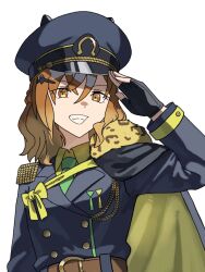  animal_ears belt black_gloves black_jacket brown_belt brown_hair buttons cape collared_shirt double-breasted ear_covers ears_through_headwear epaulettes fingerless_gloves gloves green_necktie grin hair_between_eyes hair_ornament hairclip hat horse_ears horse_girl jacket jungle_pocket_(umamusume) long_sleeves looking_at_viewer medium_hair military_uniform necktie okimoto open_mouth peaked_cap shirt single_epaulette smile teeth umamusume upper_body yellow_cape yellow_eyes yellow_shirt 