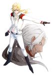  asemu_asuno belt black_gloves blonde_hair blue_eyes boots dark_skin gloves grin gundam gundam_age harold44 highres long_hair male ponytail sideburns simple_background smile white_background white_hair woolf_enneacle woolf_enneacle_(cosplay) 