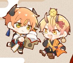  2boys blonde_hair chibi chibi_only closed_mouth commentary fang fuyunoniwapjsk geta green_eyes horns male_focus multiple_boys orange_hair project_sekai sandals shinonome_akito smile symbol-only_commentary tenma_tsukasa walking yellow_eyes 