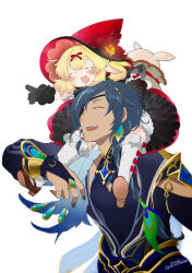  1boy 1girl absurdres black_gloves black_shirt blonde_hair blue_hair bridal_gauntlets carrying carrying_person closed_eyes commentary_request diamond-shaped_earrings dress earrings eyepatch gem genshin_impact gloves hat highres jewelry kaeya_(genshin_impact) kaeya_(sailwind_shadow)_(genshin_impact) klee_(blossoming_starlight)_(genshin_impact) klee_(genshin_impact) mizuiro34 open_mouth piggyback pointing pointy_ears red_hat shirt shoulder_carry simple_background smile teeth thigh-highs upper_body upper_teeth_only vision_(genshin_impact) white_background white_thighhighs witch_hat 