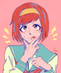 1girl 2d :p bob_cut brown_eyes brown_hair devilman eyelashes female hand_on_own_chin hand_on_own_face headband leg1228 looking_at_viewer makimura_miki medium_hair pink_background school_uniform serafuku tears teenage tongue tongue_out