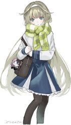  1girl artist_name bag bag_charm black_pantyhose blue_eyes blue_skirt blunt_bangs brown_bag brown_hair charm_(object) commentary_request cropped_legs enpera green_scarf h_i_n_a_t_0714 hairband hanabusa_lisa hanabusa_lisa_(5th_costume) highres long_hair long_sleeves pantyhose parted_lips pearl_hair_ornament scarf school_bag school_uniform shirt simple_background skirt solo tachibana_hinano very_long_hair vspo! white_background white_hairband white_shirt 
