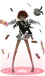  brown_hair card card_captor_sakura cardcaptor_sakura child green_eyes hat hat_removed headwear_removed kinomoto_sakura long_sleeves looking_at_viewer magic_circle mary_janes messy_hair neckerchief pigeon-toed ryou_reiko sakura_card school_uniform serafuku serious shoes short_hair skirt socks solo standing sword sword_(clow_card) weapon white_legwear wind wings 