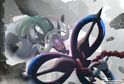 bo_(bouillustration) claws colored_skin commentary_request dragon drampa facial_hair fangs floette floette_(eternal) flower glowing glowing_eyes goatee highres holding holding_flower mega_drampa mega_floette mega_pokemon mustache no_humans open_mouth pokemon pokemon_(creature) pokemon_focus pokemon_legends:_z-a