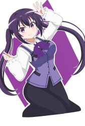  >:) 1girl arm_up black_skirt blush bow bowtie breasts buttons closed_mouth collared_shirt commentary_request cropped_legs dress_shirt dutch_angle frilled_sleeves frills gochuumon_wa_usagi_desu_ka? hair_between_eyes hand_up highres large_breasts long_hair long_skirt long_sleeves looking_at_viewer outline puffy_long_sleeves puffy_sleeves purple_background purple_bow purple_bowtie purple_hair purple_vest shirt sidelocks simple_background skirt smile solo split_mouth tedeza_rize twintails two-tone_background v-shaped_eyebrows very_long_hair vest violet_eyes waitress warm_sheep white_background white_outline white_shirt 