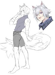  1boy animal_ear_fluff animal_ears arm_up bandaged_arm bandages barefoot blue_eyes cropped_shoulders highres multiple_views open_mouth parted_bangs seth_lowell shirt short_hair shorts simple_background sketch sleeveless sleeveless_shirt standing tail tongue triangle_mouth w59o5 white_background white_hair wolf_boy wolf_ears wolf_tail zenless_zone_zero 