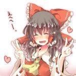  ascot bad_id black_hair bow closed_eyes detached_sleeves double_v eyes_closed hair_bow hair_tubes hakurei_reimu heart long_hair miko pasutel solo touhou v 